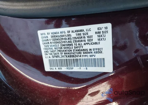 2010 Honda Odyssey Ex-L from USA, damaged, VIN 5FNRL3H7XAB062414